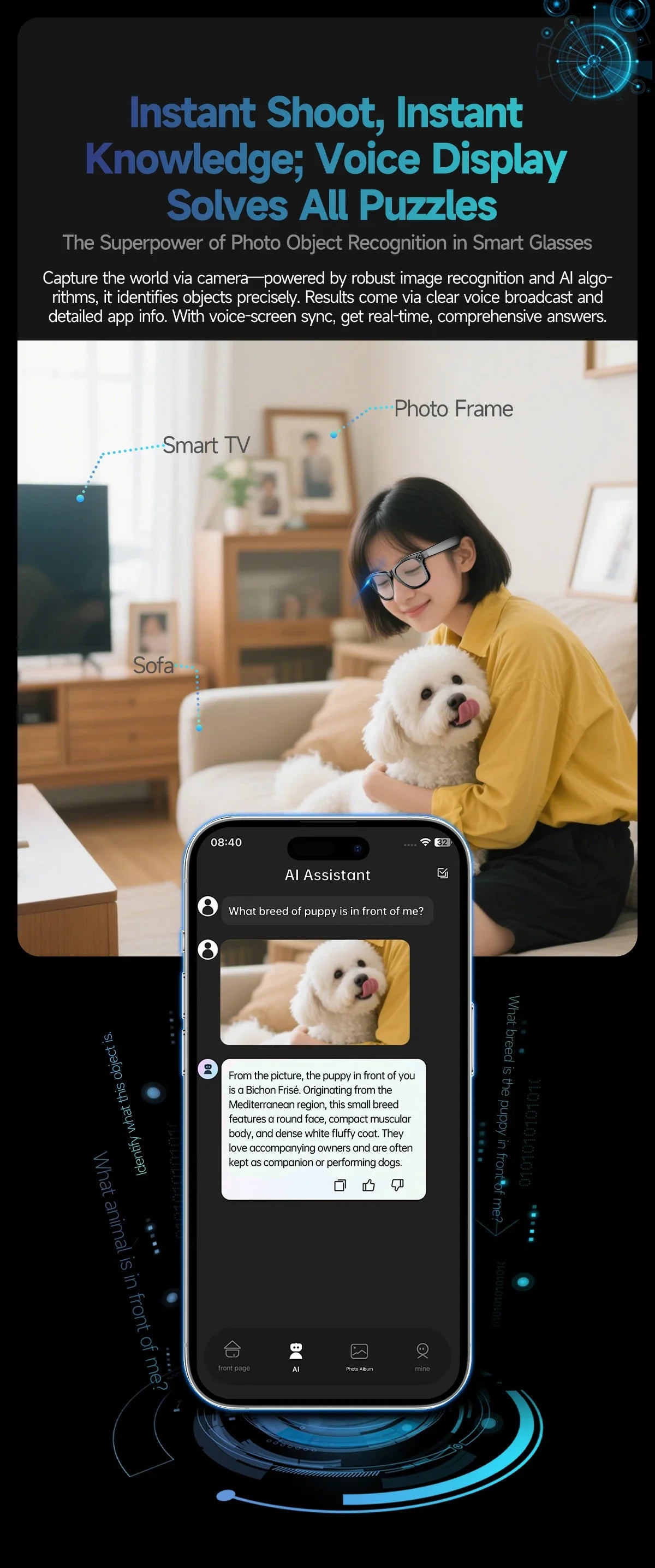 8MP Smart Glasses — AI Photo Recognition, Video Recording, Translation, Bluetooth, IP65 Waterproof, 270mAh Battery