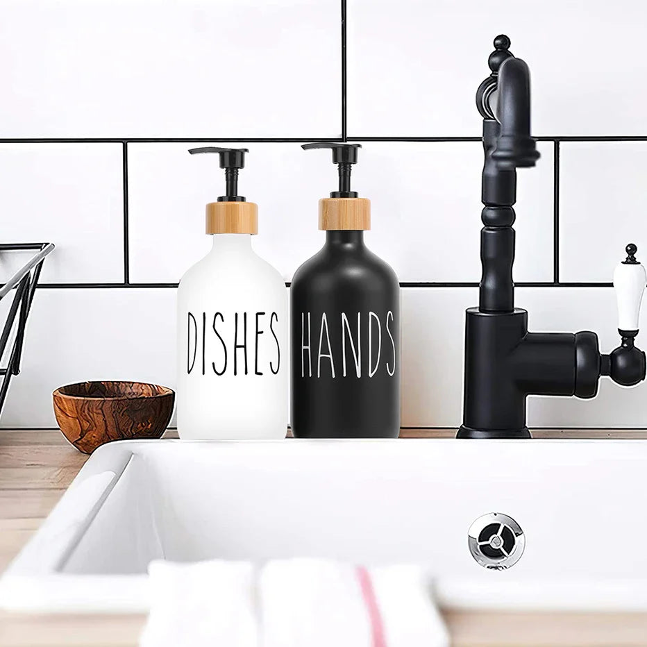 Black Dish Soap Dispenser Set for Kitchen Sink - Refillable Bottles for Hands Soap and Dishes Detergent Storage