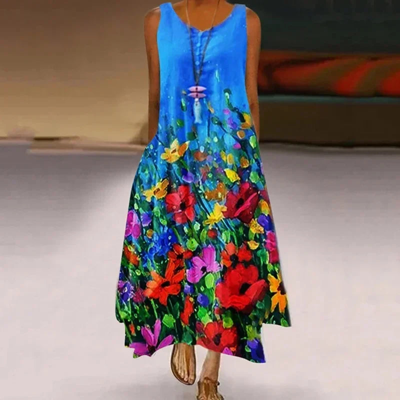 Women’s Dandelion Print Maxi Dress - Sleeveless Casual Summer Long Dress for Stylish Everyday Wear