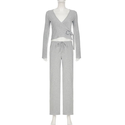 Apprabant Women’s Casual Fashion Set – Drawstring High-Waist Trousers with Plush Loose Pants and Lace-Up Flared Sleeve V-Neck Top