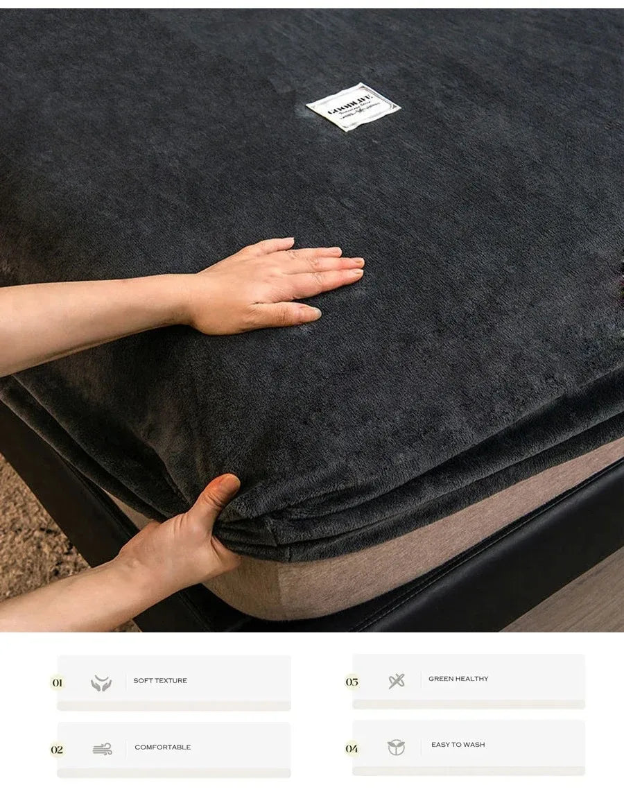 Soft Warm Plush Fitted Sheet – Elastic Coral Fleece Mattress Cover for Winter, Luxury Double Bed Bedding