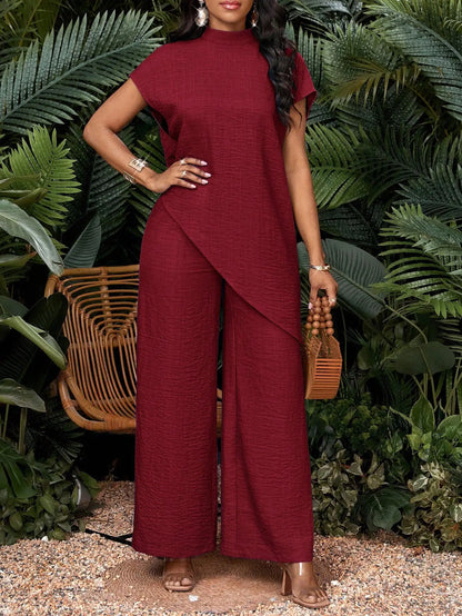 Women’s Blue 2-Piece Set – Wrap Front Turtleneck Top with Wide Leg Pants Outfit