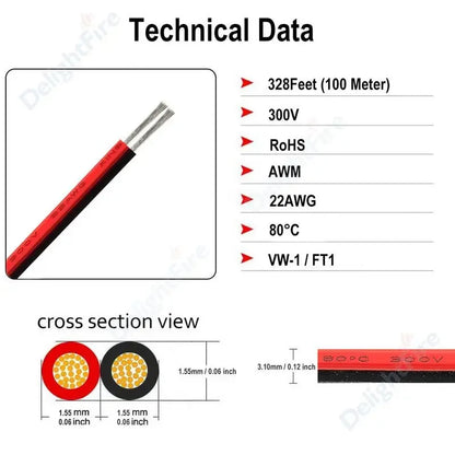 2-PIN Electrical Wire – Tinned Copper PVC Insulated Red & Black Cable for LED Strip Light Extension, 18/26/28 AWG