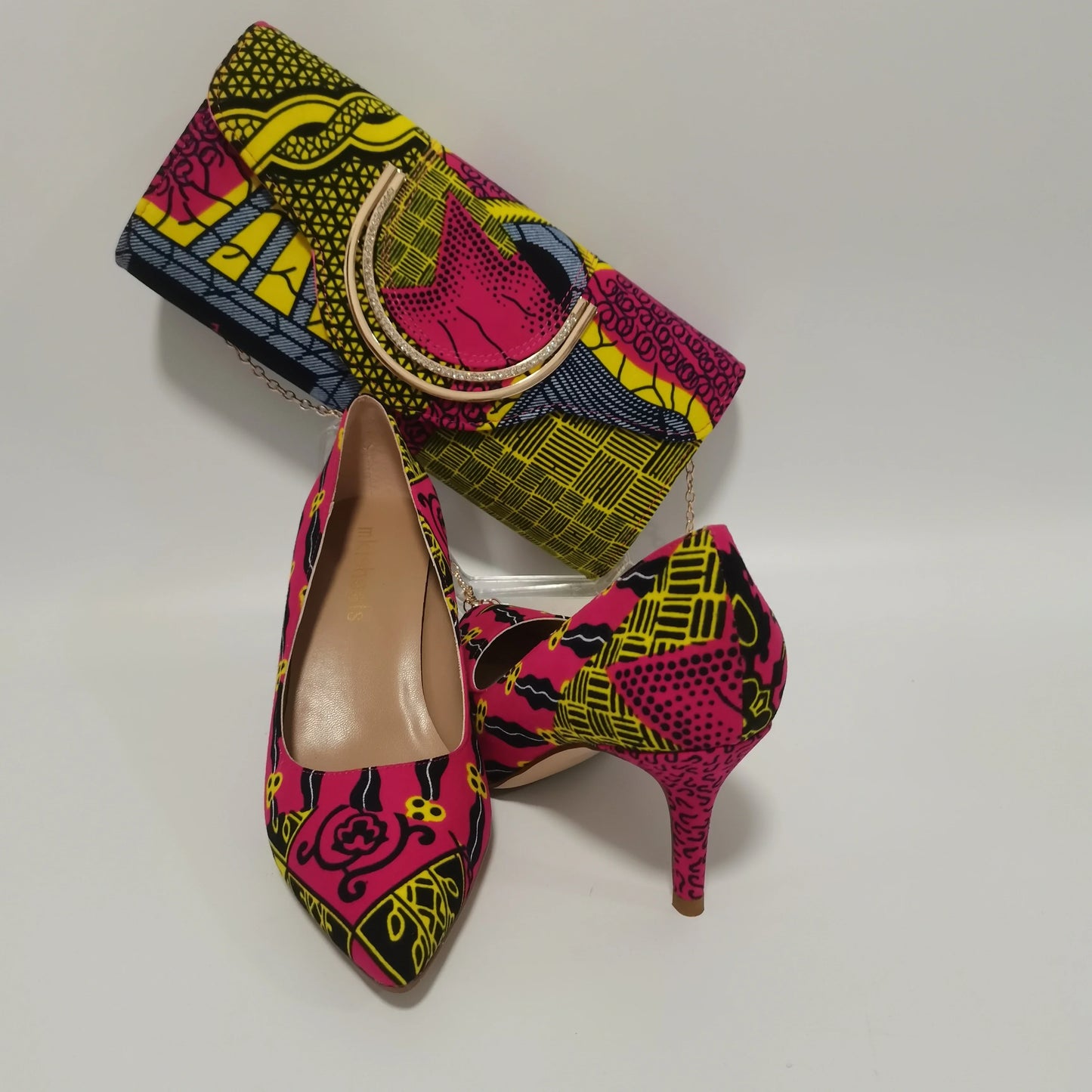 African Kente Print Women’s Shoe & Purse Set - Ankara Wax Print High Heels for Parties, Sizes 37-42