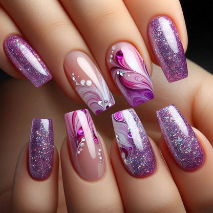 24pcs Blue Golden Stripe Press-On Nails Shiny Powder Long Square Full Cover False Nail Tips Wearable Love Design