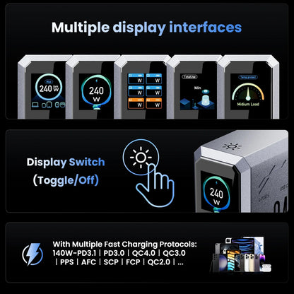 240W GaN Charging Station - 6-in-1 140W PD3.1 PPS USB-C Fast Charger with Digital Display