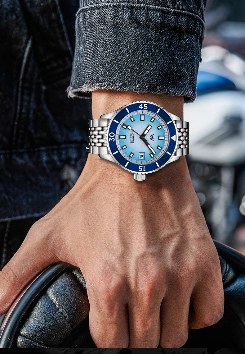 WM Welly Merck Automatic Mechanical Watch for Men — Sparkle Grain Gradient Dial, Ceramic Bezel, NH35, AR Coating, 100M WM212
