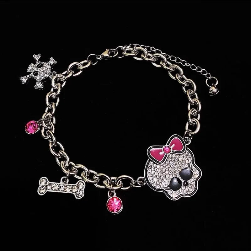 Pink Bow Rhinestone Skull Bracelet - Y2K Gothic Thick Chain Charm Jewelry for Women