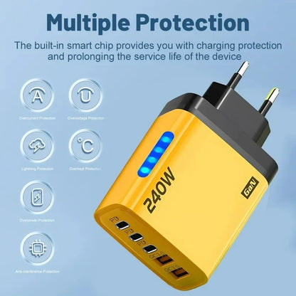 240W 5-in-1 GaN Fast Desktop Charger – USB-C Quick Charge 3.0 Adapter for iPhone Samsung Huawei