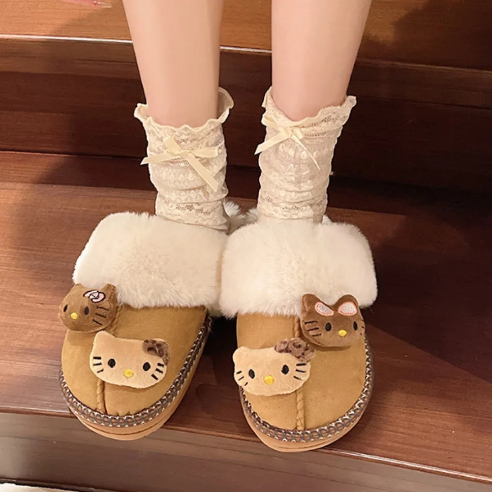 Sanrio Hello Kitty Winter Plush Slippers – Cute Fuzzy Warm Kawaii Women’s Home Shoes, Y2K Style, Non-Slip Outdoor Flats