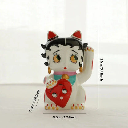Cute Ceramic Lucky Cat Statue – Cartoon Home Decor for Living Room, Bedroom & Store