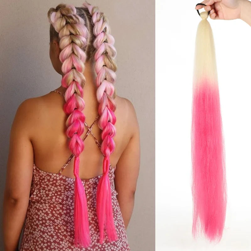 26" Synthetic Ponytail Extension - Long Straight Ombre Pink Purple Blue Hair with Elastic Tie