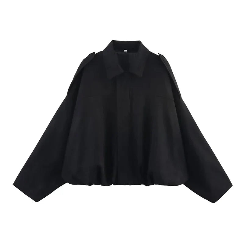 Women's Vintage Bomber Jacket Coat – Turn-Down Collar Long Sleeve Loose Fit Chic Fashion Outerwear