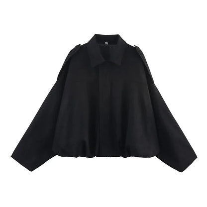 Women's Vintage Bomber Jacket Coat – Turn-Down Collar Long Sleeve Loose Fit Chic Fashion Outerwear