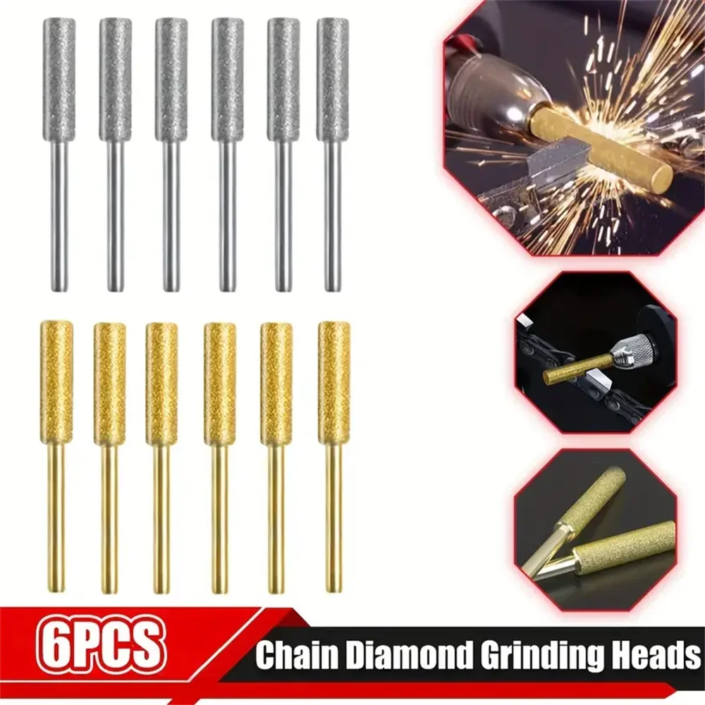 6Pcs Diamond Coated Cylindrical Burr Set (4/4.8/5.5mm) Chainsaw Sharpener Stone Files for Chain Sharpening, Carving & Grinding Tools Kit