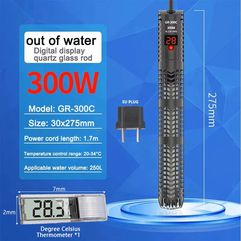 25W-300W Fish Tank Aquarium Heating Rod - Quartz Glass with Digital Display & Automatic Thermostat for Aquariums
