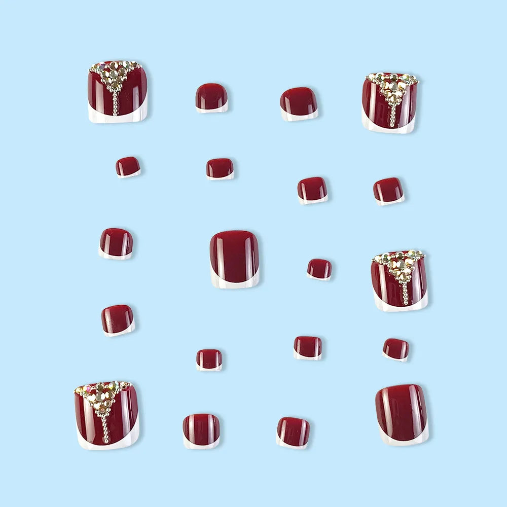 24pcs Retro Red False Toenails: Gold Crystal French Design - Full Cover Square Head Artificial Toe Nails, Wearable & Detachable