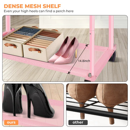 Pink Twin-Pole Rolling Clothes Rack with Net Shelf – Cute Metal Garment Rack, Strong Load-Bearing Storage