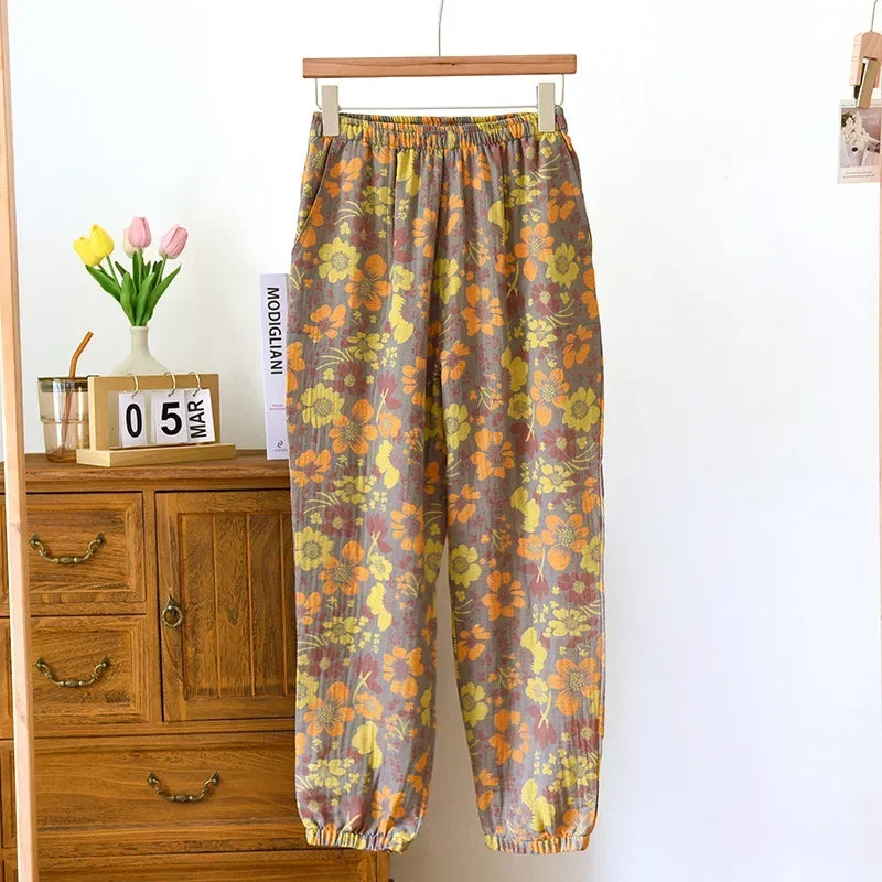 2025 Spring Summer Women's Pajama Pants – 100% Cotton Crepe Loose Fit Leaf Print Home Wear Bottoms