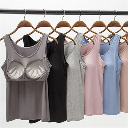 Women’s Built-In Bra Tank Top - Solid Color Padded Slim Fit Vest Shirt for Casual, Sexy & Everyday Wear