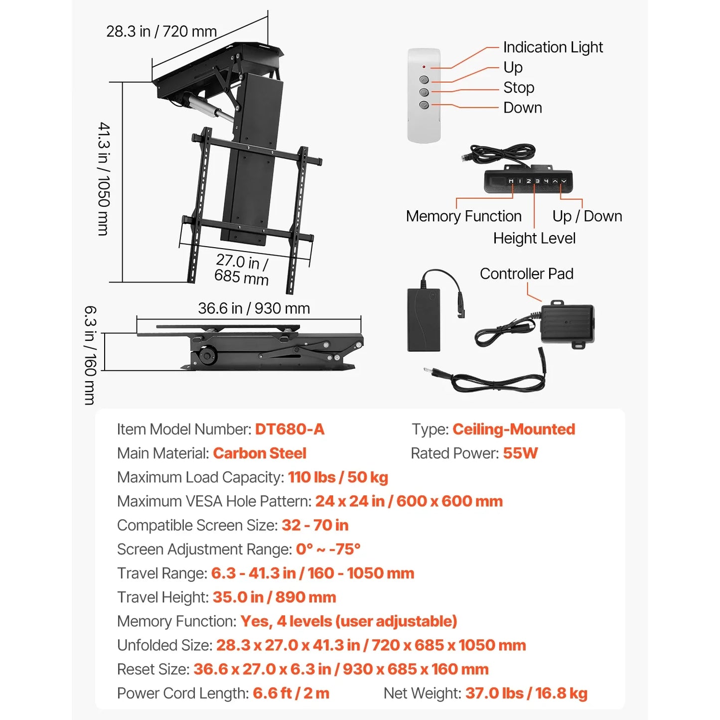 SucceBuy Motorized TV Wall Mount Bracket for 32–70 Inch TVs – Adjustable Electric Lift, Heavy Duty, Max VESA 24x16/24, 88–132 lbs Capacity