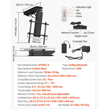SucceBuy Motorized TV Wall Mount Bracket for 32–70 Inch TVs – Adjustable Electric Lift, Heavy Duty, Max VESA 24x16/24, 88–132 lbs Capacity