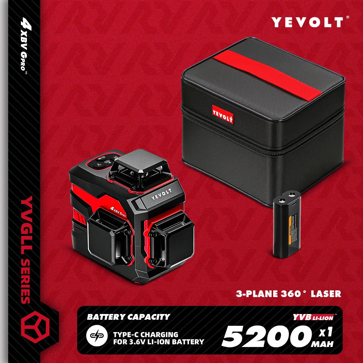 YEVOLT YVGLL4XS12 12-Line Green Laser Level – ±0.2mm/m Precision, IP54 Waterproof, Auto-Leveling with Slope Mode
