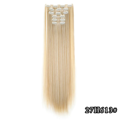 24-Inch 16 Clips-in Hair Extensions – Long Straight Synthetic Blonde & Black Hairpieces, Heat Resistant for Daily Use