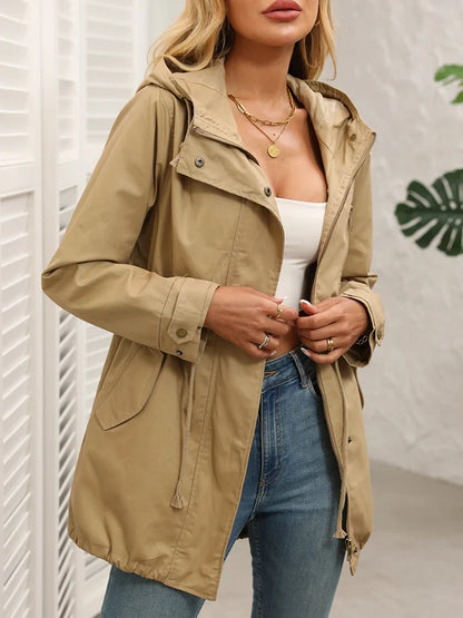 Women’s Hooded Windbreaker Coat - Lightweight Slim-Fit Mid-Length Jacket for Spring & Autumn