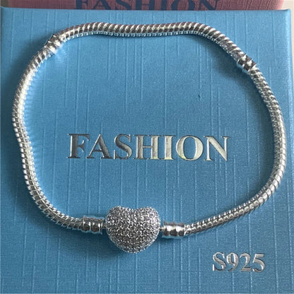 Silver Color Heart Bracelet - Shiny Zircon Love Bracelet for Women, Fits Original Charm Jewelry Gift