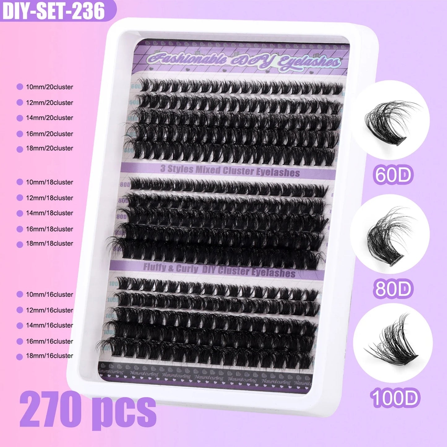 270pcs Individual Cluster Lashes — Fluffy Volume False Eyelashes with Bond & Seal Glue Kit, 60D/80D/100D Extensions