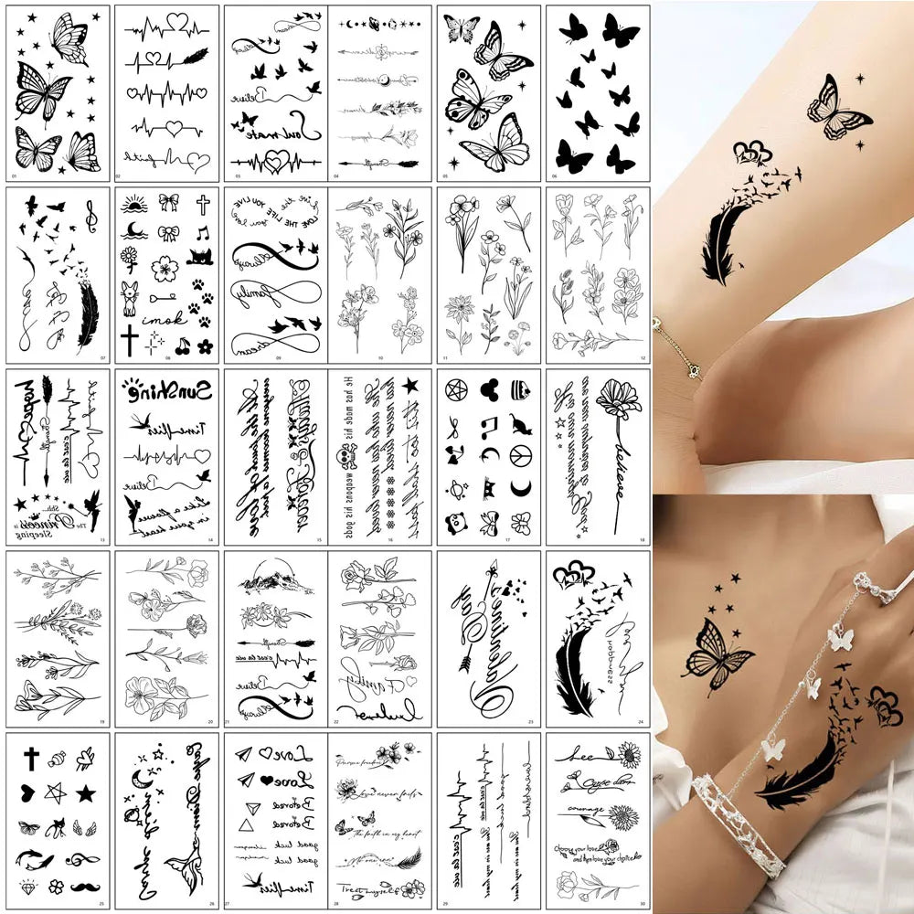 30pcs Black Temporary Tattoo Stickers - Flower Butterfly Rose Moon Star Mandala Designs for Hand, Chest & Body Art