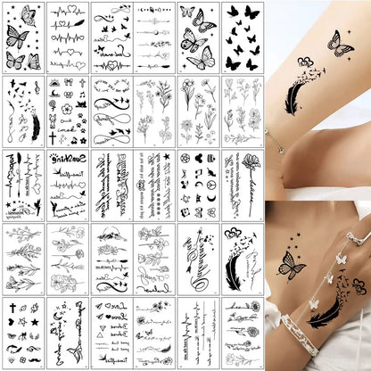 30pcs Black Temporary Tattoo Stickers - Flower Butterfly Rose Moon Star Mandala Designs for Hand, Chest & Body Art