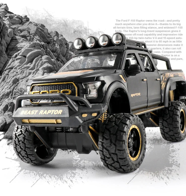 1:24 Diecast F150 Raptor Pickup Truck — Metal Model Car with Sound & Light for Kids Age 3+, Blue