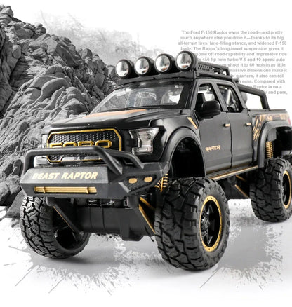 1:24 Diecast F150 Raptor Pickup Truck — Metal Model Car with Sound & Light for Kids Age 3+, Blue