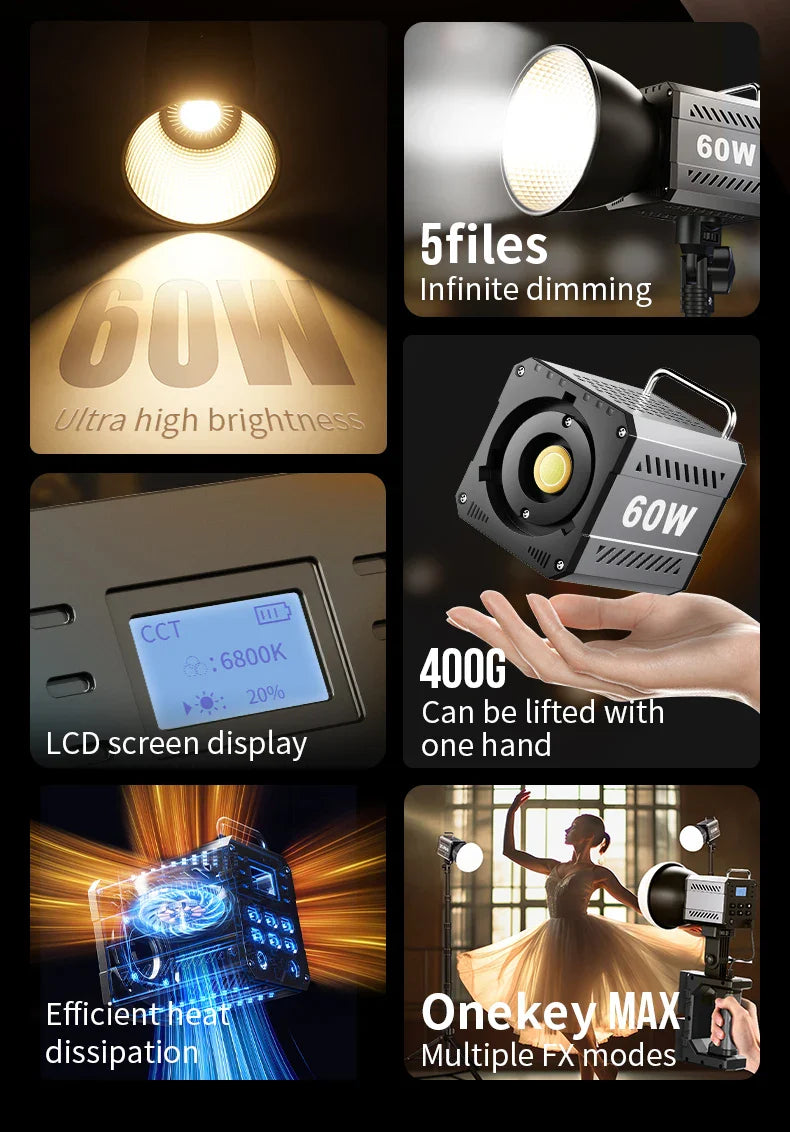 60W COB Video Light - CRI≥90, TLCI≥97, Dual Color Temperature 2700K-6500K, Portable Mini Bowens Live Lighting