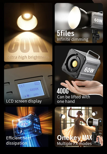 60W COB Video Light - CRI≥90, TLCI≥97, Dual Color Temperature 2700K-6500K, Portable Mini Bowens Live Lighting