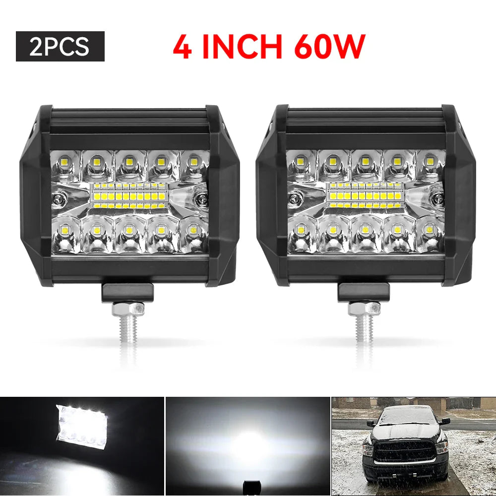 4" / 7" LED Work Light Bar 144W/120W Spot Flood Combo – Off-Road Lighting for Car, Tractor, Boat, Truck, SUV & ATV Repair & Utility Use