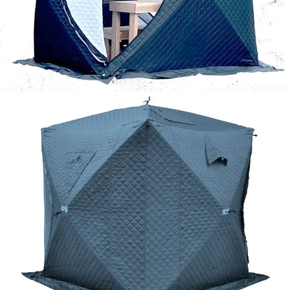 Outdoor 3-4 Person 4-Season Sauna House – Thickened Winter Ice Fishing Tent with Large Window & Chimney Mouth, Quick Open & Portable