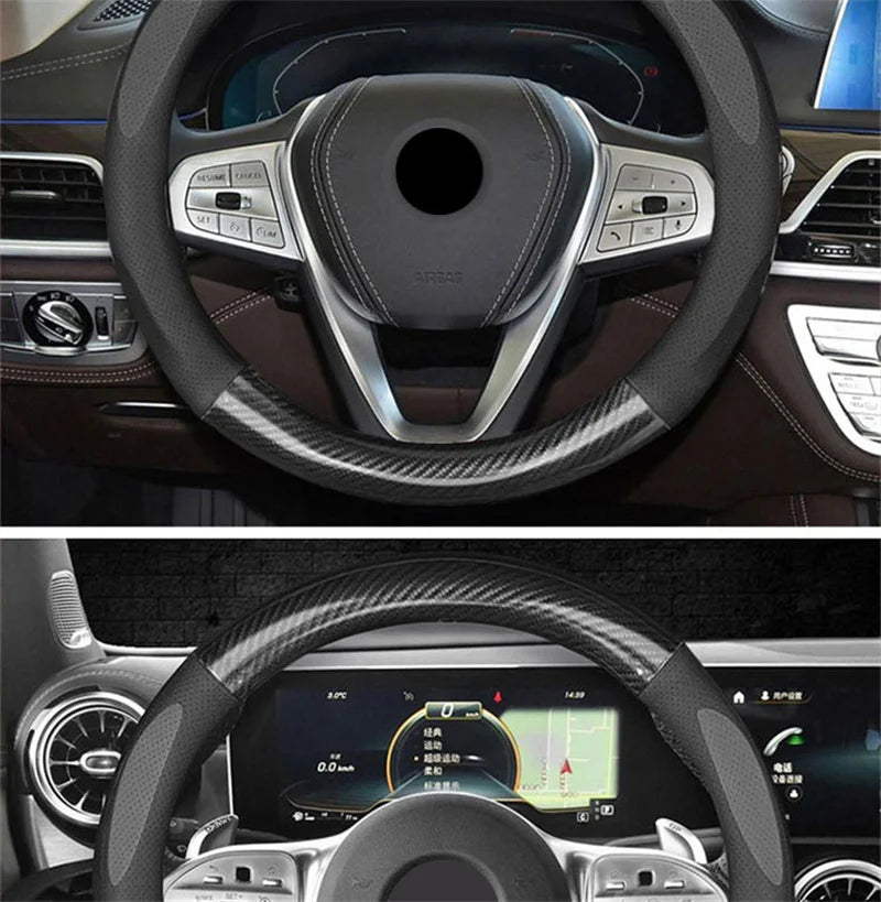 Universal Carbon Fiber Leather Steering Wheel Cover — 3D Anti-Slip, Stylish Car Accessory