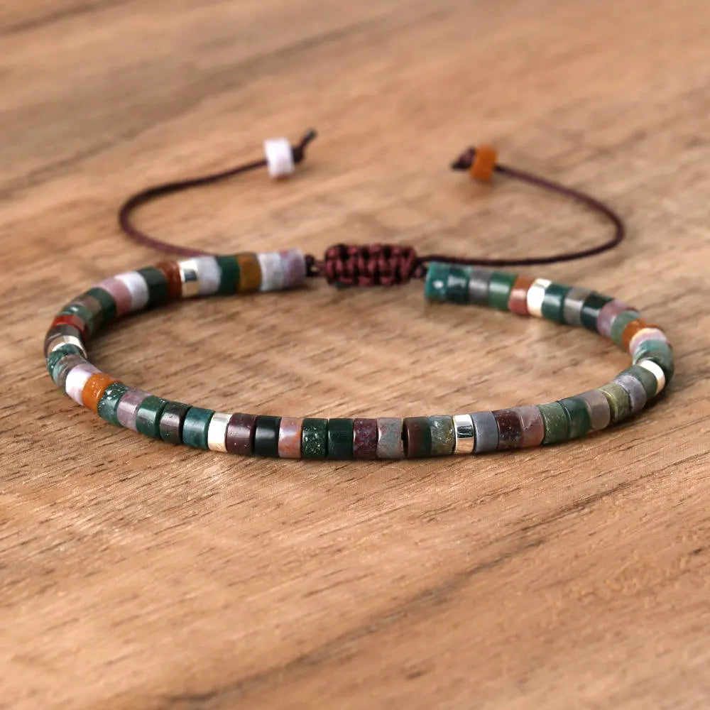 Natural Blue Emperor Stone Beaded Bracelet – Polished Block Beads, Adjustable Woven Rope Women’s Gift Jewelry