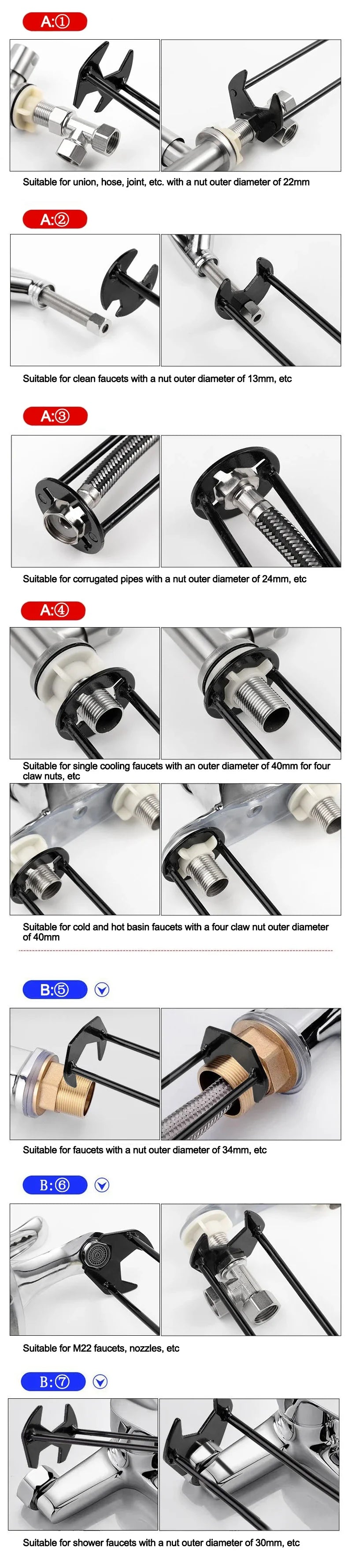 Household Plumbing Repair Tool Set – Flume Sink Wrench, Faucet Key & Hexagon Pipe Wrench (4-Claw Bathroom Tools)