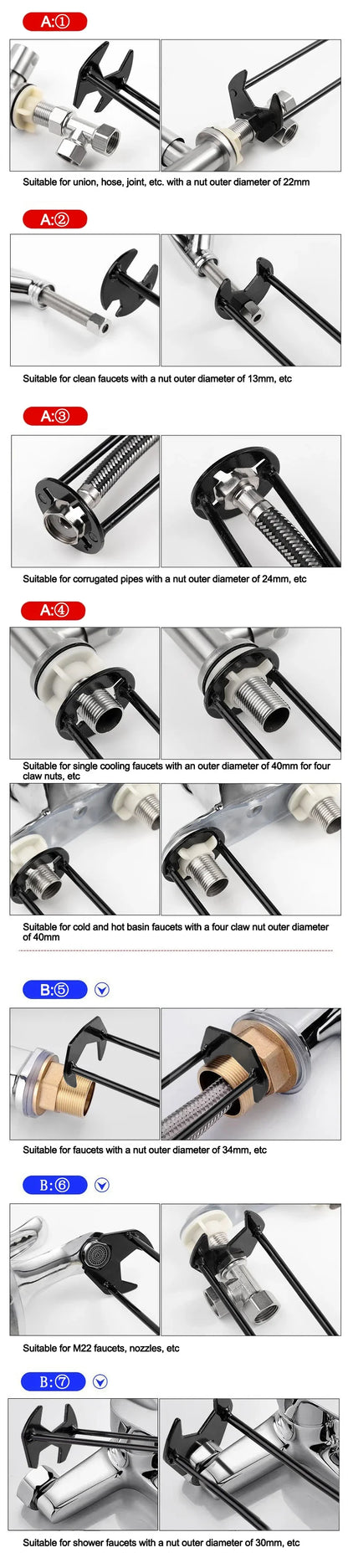Household Plumbing Repair Tool Set – Flume Sink Wrench, Faucet Key & Hexagon Pipe Wrench (4-Claw Bathroom Tools)