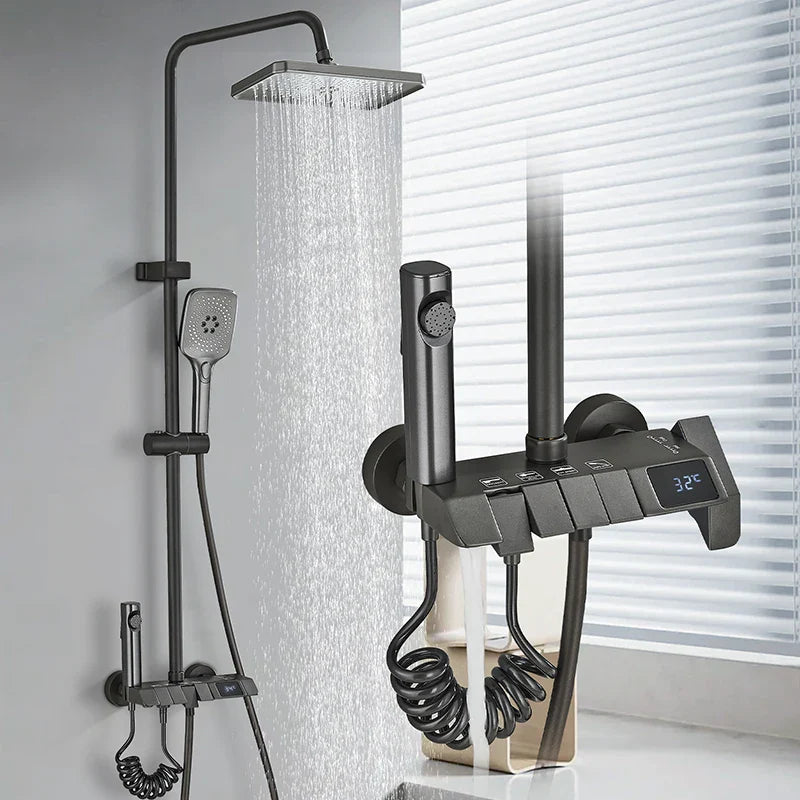Rozin Black Smart Digital Display Shower Faucet Set - Piano Style Rainfall Bathroom System with Grey Digital Mixer Tap & Bidet Shower