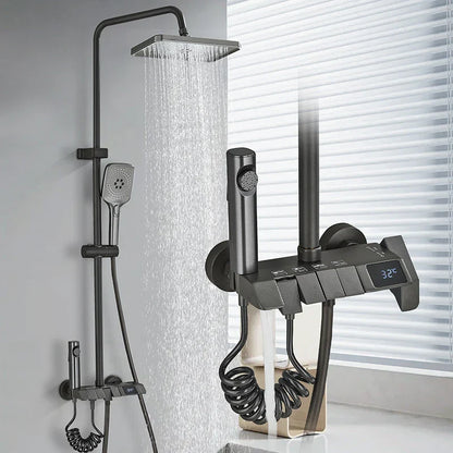 Rozin Black Smart Digital Display Shower Faucet Set - Piano Style Rainfall Bathroom System with Grey Digital Mixer Tap & Bidet Shower
