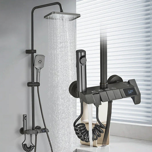 Rozin Black Smart Digital Display Shower Faucet Set - Piano Style Rainfall Bathroom System with Grey Digital Mixer Tap & Bidet Shower