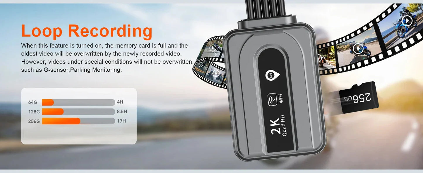 Motorcycle 2K Front & Rear DVR Dash Cam – WiFi GPS, Waterproof Full-Body Video Recorder Black Box