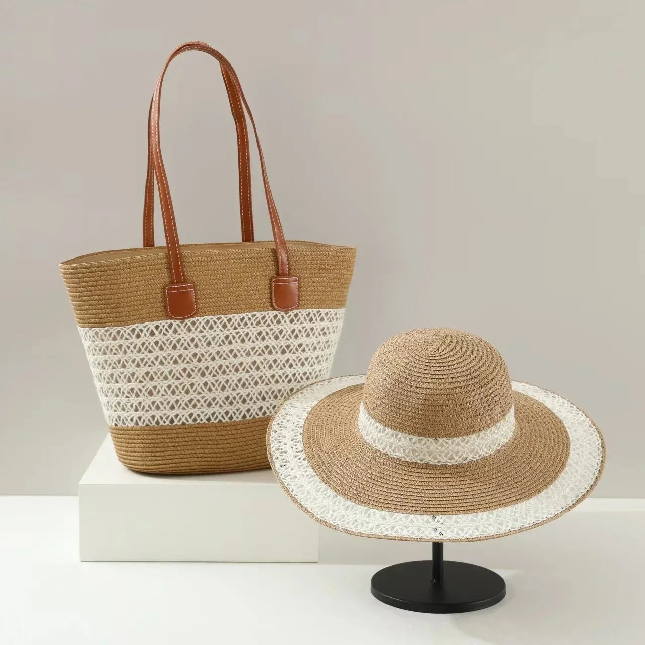 French Style Straw Handbag & Summer Beach Hat Set – Woven Bucket Bag with Fine Stripes