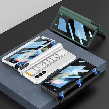 Magnetic Hinge Wrist Strap Case with Pen Slot & Screen Glass for Samsung Galaxy Z Fold 6/5/4/3 – Hard Protective Cover