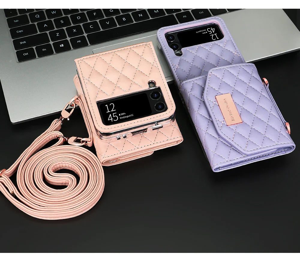 VIETAO Leather Wallet Phone Case with Crossbody Strap — Pink Purse Case for Samsung Galaxy Z Flip 3/4/5/6/7